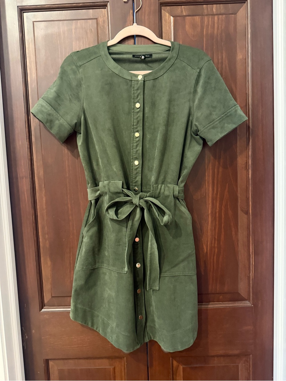 Banana Republic Olive Green Short-Sleeve Suede Shirt Dress